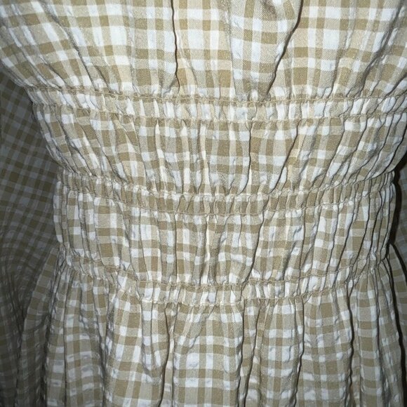 LEYDEN Smocked Boho Mini Peasant Prairie Beige & White Plaid Dress - NWT - L - Picture 12 of 16